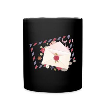 floraler Briefumschlag mit Blüten und Airmail Rand - Tasse einfarbig - Schwarz - Vorne