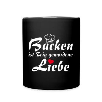 Backen ist Liebe mit Bäckermütze und Herz - Tasse einfarbig - Schwarz - Vorne