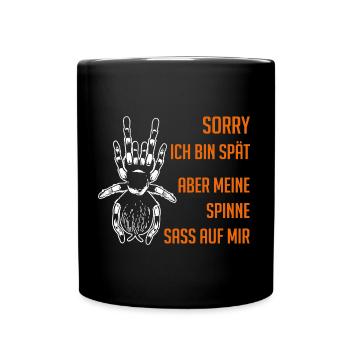 Meine Spinne saß auf mir - lustiges Spinnendesign - Tasse einfarbig - Schwarz - Vorne