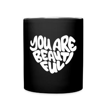 you are beautiful - Lettering / Weiß in herzform - Tasse einfarbig - Schwarz - Vorne