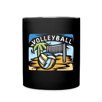 Volleyball illustration with beach volleyball palm tree - Full Colour Mug - black - Front