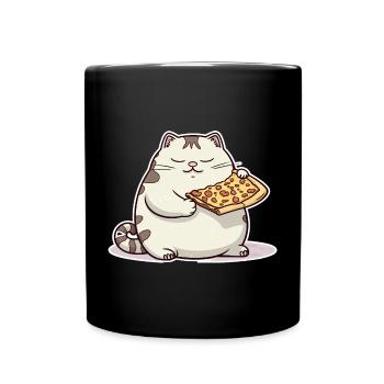 Dicke weiße Katze liebt ihre Pizza über alles - Tasse einfarbig - Schwarz - Vorne