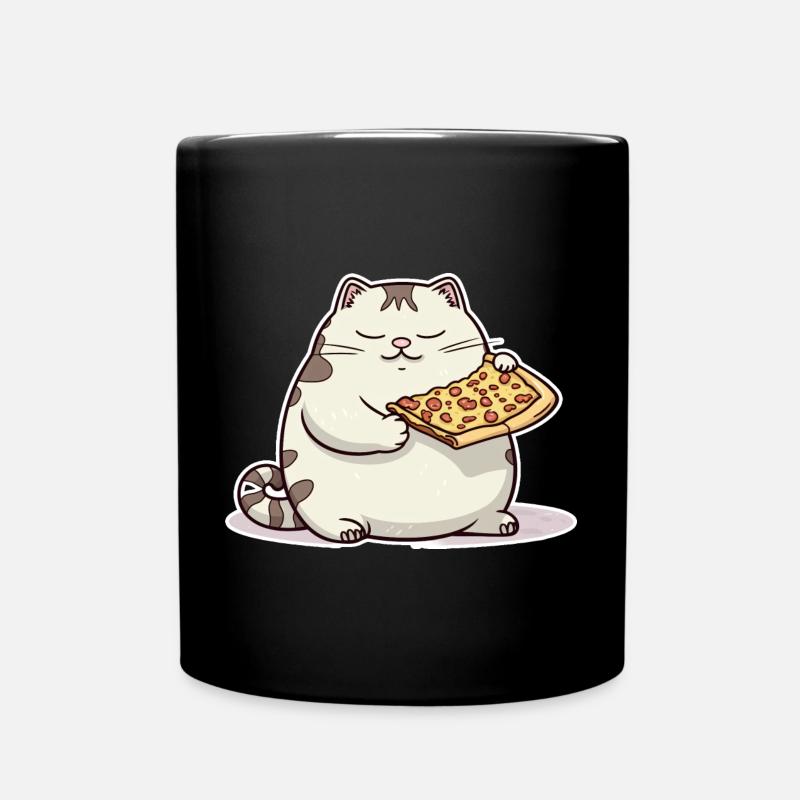 Fat white cat loves her pizza more than anything - Full Colour Mug - black