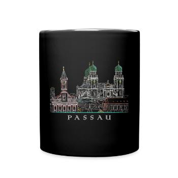 Passau Danube View, Bavaria, Germany, Drawing - Full Colour Mug - black - Front