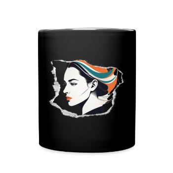 Minimalistisches Vintage-Design: Frauenkopf - Tasse einfarbig - Schwarz - Vorne