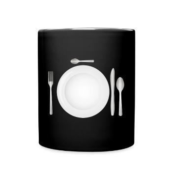 Table setting with empty plate & cutlery - Full Colour Mug - black - Front