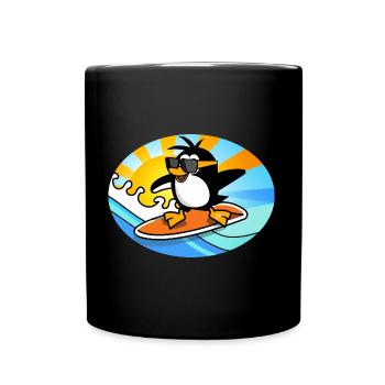Pinguin mit Sonnenbrille auf einem Surfboard - Tasse einfarbig - Schwarz - Vorne