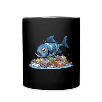 Fish in Plastic Sea Pollution Shirt - Full Colour Mug - black - Front