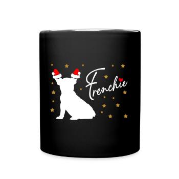 Frenchie mit Nikolausmütze und Weihnachtssternen - Tasse einfarbig - Schwarz - Vorne