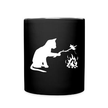 Katze beim Grillen, Campen, BBQ - Tasse einfarbig - Schwarz - Vorne