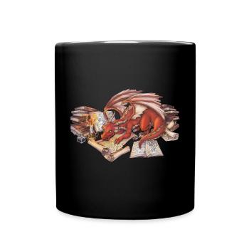 Kleiner lesender Drache - Geschenk für Leseratten - Tasse einfarbig - Schwarz - Vorne