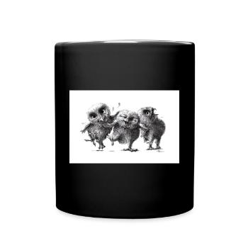 Drei lustige freche Eulen - Tasse einfarbig - Schwarz - Vorne