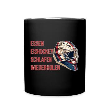 Essen, Eishockey, Schlafen, Wiederholen - Tasse einfarbig - Schwarz - Vorne