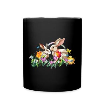 Zwei Osterhasen im Blumenmeer - Tasse einfarbig - Schwarz - Vorne