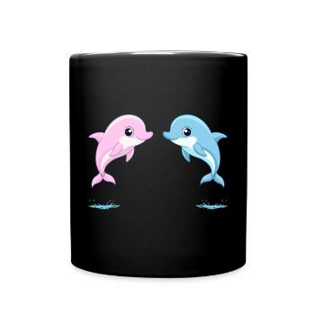 Zwei Baby-Zwillinge blauer und rosa Delfine, springend - Tasse einfarbig - Schwarz - Vorne