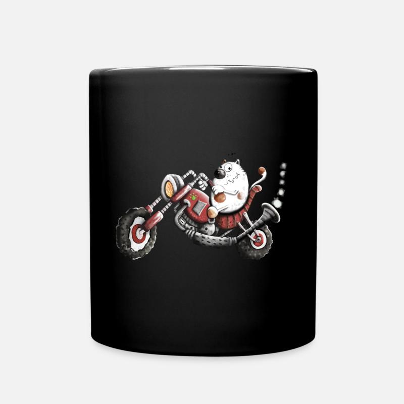 Cat rides a motorbike - Full Colour Mug - black