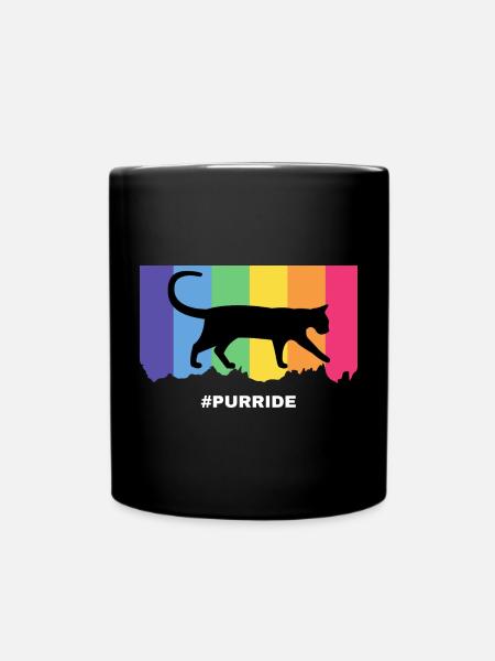 Purride cat silhouette over rainbow stripes - Full Colour Mug - black