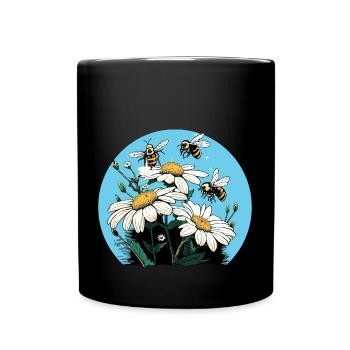 Daisies and bees - white/yellow flowers - Full Colour Mug - black - Front