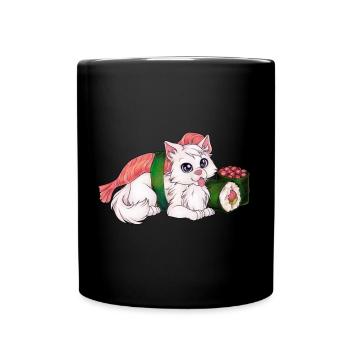 Lustige Sushi Katze weiße Mietze mit Sushi - Tasse einfarbig - Schwarz - Vorne