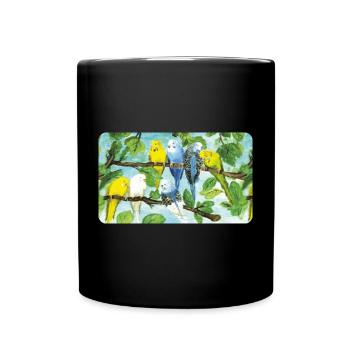 Perruches sur un arbre - craie pastel - Mug uni - noir - Devant