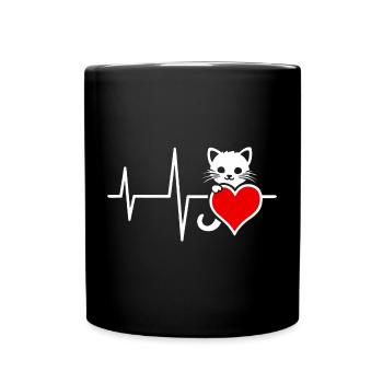 Cute cat graphic with heart line and heart - Full Colour Mug - black - Front
