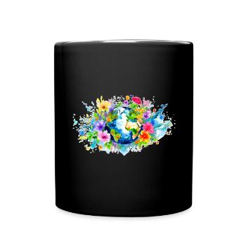 Earth surrounded by Flowers, Outlined, Aquarell - Full Colour Mug - black - Front