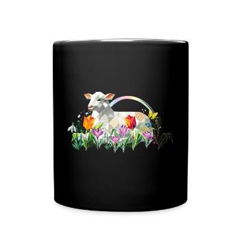 Frühlingslamm mit Blumen und Schmetterlingen - Tasse einfarbig - Schwarz - Vorne