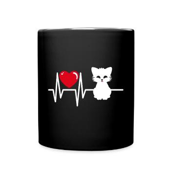 Cute cat graphic with heart line and heart - Full Colour Mug - black - Front