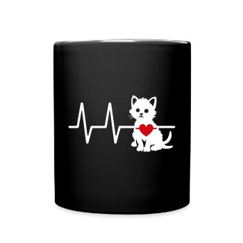 Cute cat graphic with heart line and heart - Full Colour Mug - black - Front