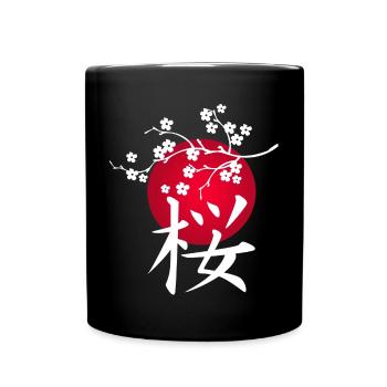 White Japanese cherry and red sun - Full Colour Mug - black - Front