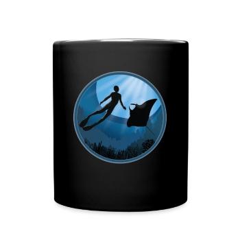 Diver with Manta Ray - Full Colour Mug - black - Front