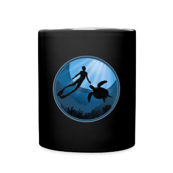 Diver with Sea Turtle - Full Colour Mug - black - Front