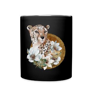Léopard avec or et fleurs - Mug uni - noir - Devant