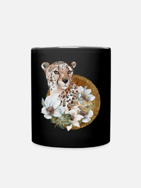 Leopard mit Gold und Blüten - Tasse einfarbig - Schwarz