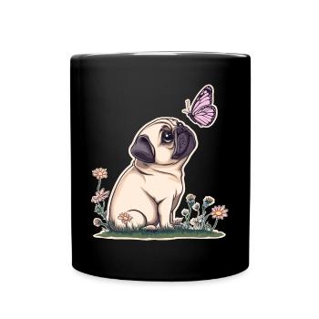 Mops mit Schmetterling - Tasse einfarbig - Schwarz - Vorne