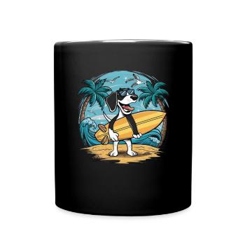 Braque allemand à poil court sur la plage avec planche de surf - Mug uni - noir - Devant