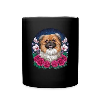 Cartoon Pekinese mit Orchideen und Rosen - Tasse einfarbig - Schwarz - Vorne