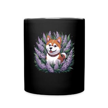 Akita Inu mit Flieder im Cartoonstil - Tasse einfarbig - Schwarz - Vorne
