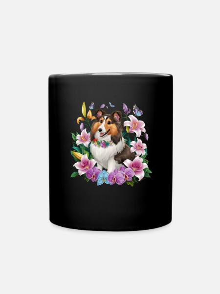 Sheltie mit Orchideen, Lillien und Schmetterlingen - Tasse einfarbig - Schwarz