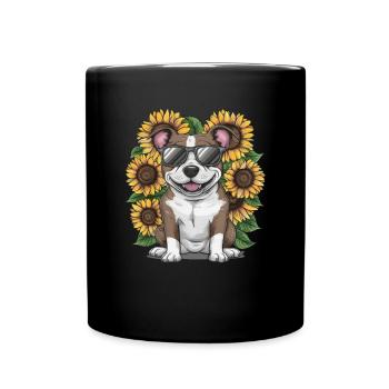 Staffordshire Bull Terrier mit Sonnenblumen - Tasse einfarbig - Schwarz - Vorne