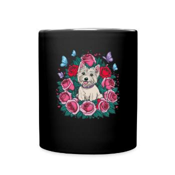 West Highland White Terrier mit Rosen - Tasse einfarbig - Schwarz - Vorne