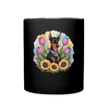 Doberman Pinscher mit Sonnenblumen und Tulpen - Tasse einfarbig - Schwarz - Vorne