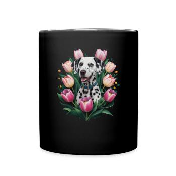 Süßer Dalmatiner mit Tulpen - Tasse einfarbig - Schwarz - Vorne