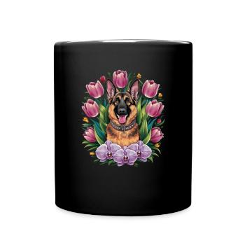 Cartoon German Shepherd with Orchids - Full Colour Mug - black - Front