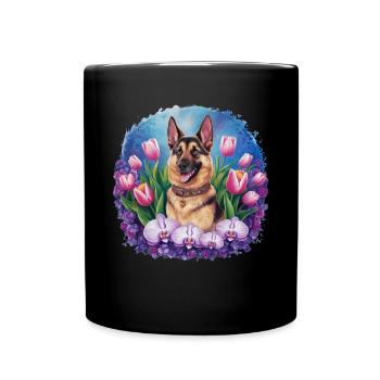Cartoon Deutscher Schäferhund mit Orchideen - Tasse einfarbig - Schwarz - Vorne