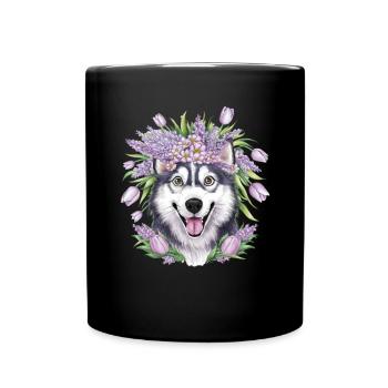 Cartoon Husky with Tulips, Lilac for Husky Fans - Full Colour Mug - black - Front