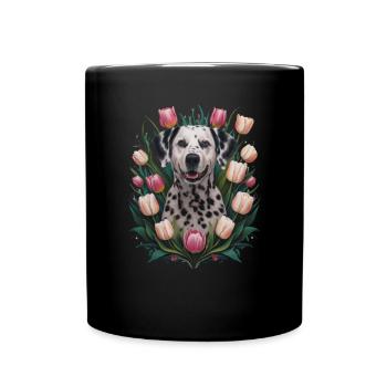 Süßer Dalmatiner mit Tulpen - Tasse einfarbig - Schwarz - Vorne
