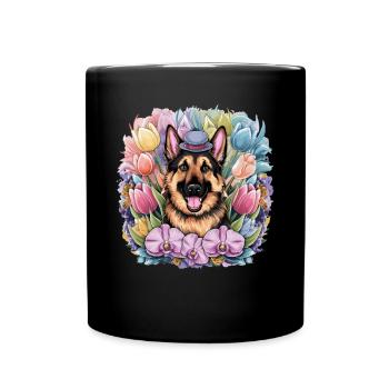 Cartoon deutscher Schäferhund mit Orchideen - Tasse einfarbig - Schwarz - Vorne