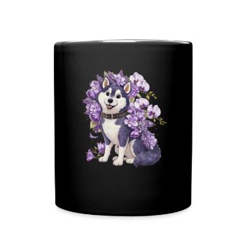 Süßer Cartoon Husky mit hübschen Orchideen - Tasse einfarbig - Schwarz - Vorne