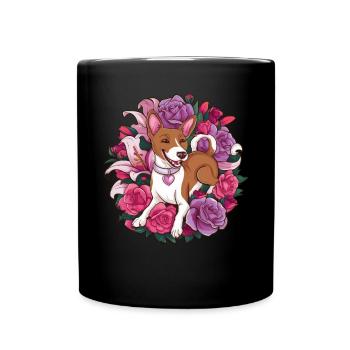 Basenji Dog with Roses and Lillies for Dog Fans - Full Colour Mug - black - Front